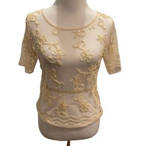 Applique Embroidered Mesh Creamy Beige Gold Sheer Round Neck Top with Sequins